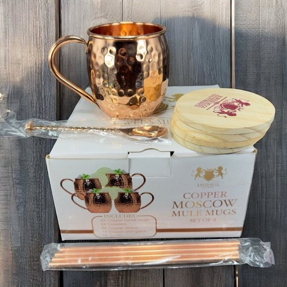 Moscow Mule Mugs B Weiss Copper Hammered Workmanship New In Box Set 4 Straws - Picture 1 of 13